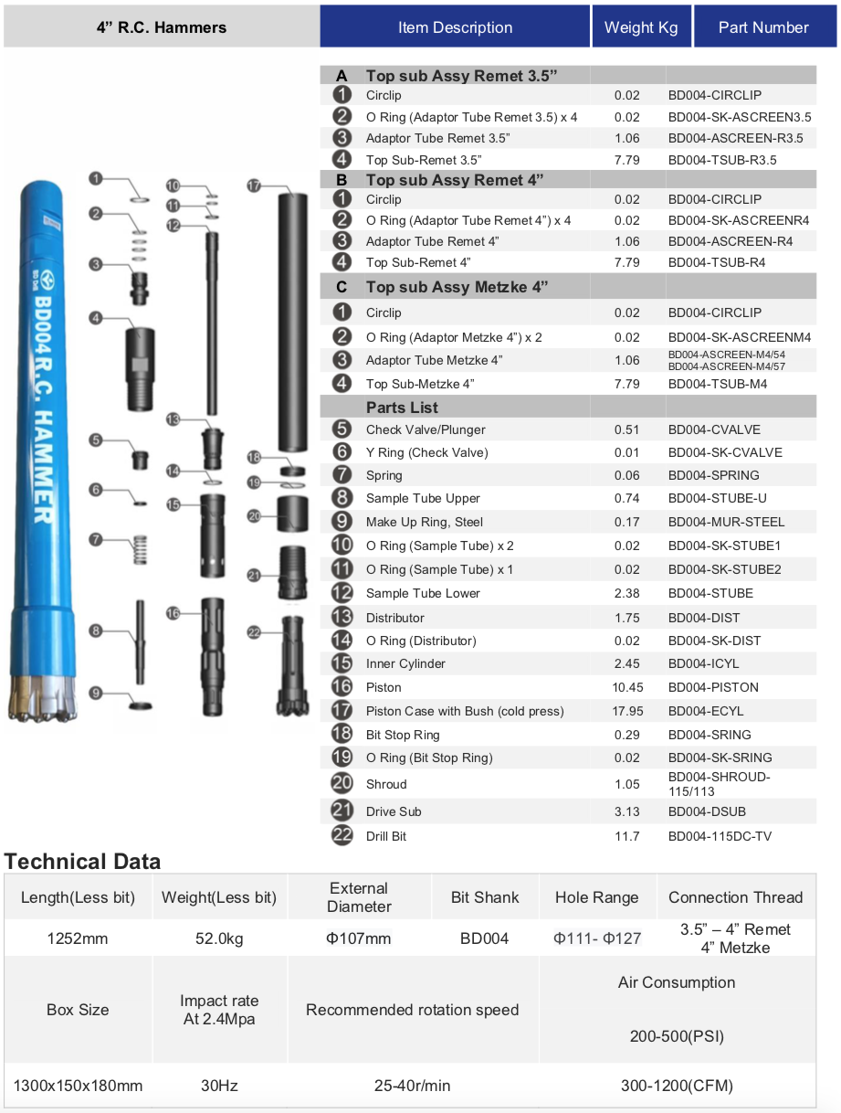 Black Diamond Drilling BD004 RC Reverse Circulation Hammer schematic parts list and technical data